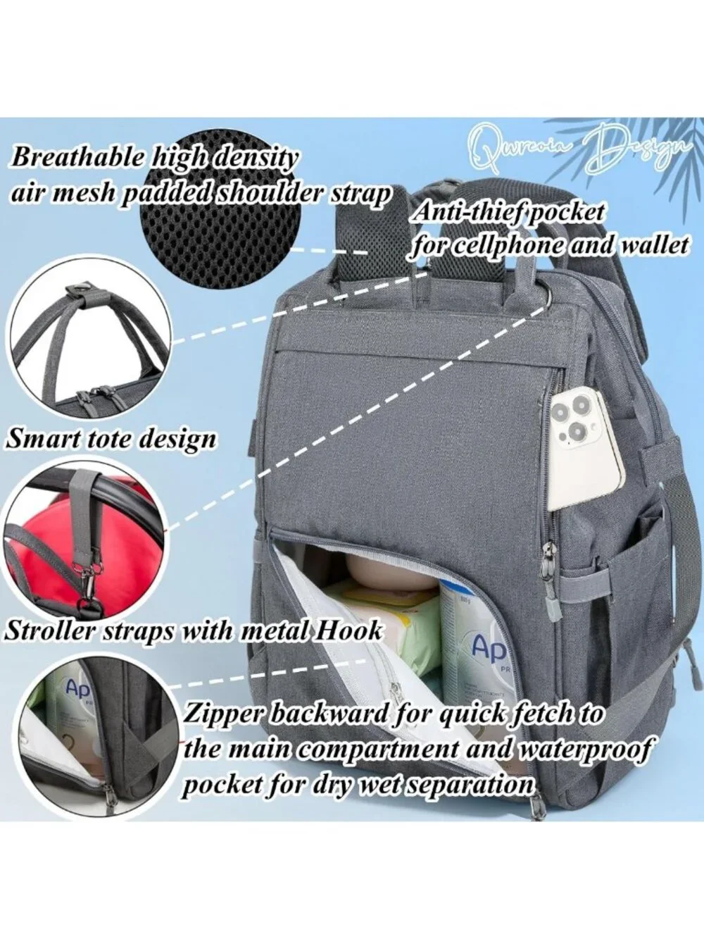 Stylish Tactical Diaper Backpack with USB Port for Parents - Dark Grey